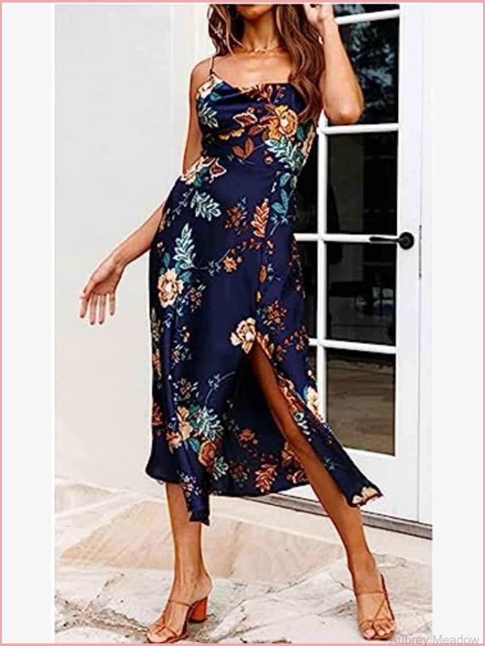 Cowl Neck Spaghetti Strap Slit Satin Midi Dress Backless Party Formal - Picture 2 of 4